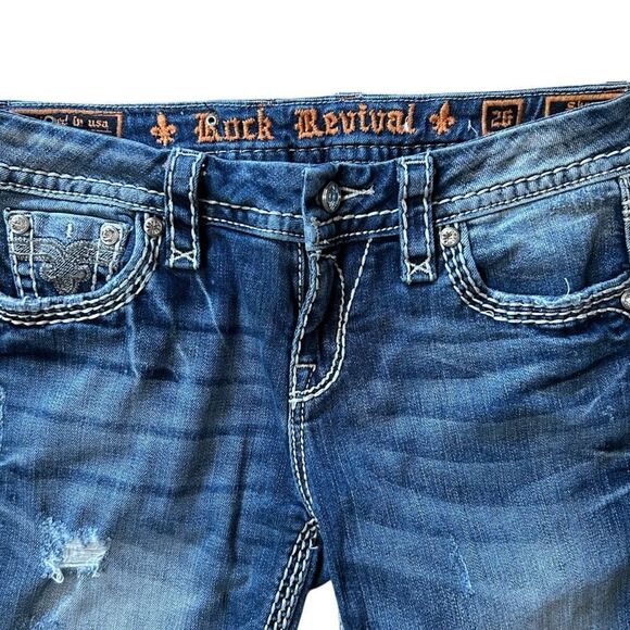 Rock Revival Sherry Easy Capri Distressed Stretch Denim Cropped Cuffed Jeans 26 - Picture 4 of 8